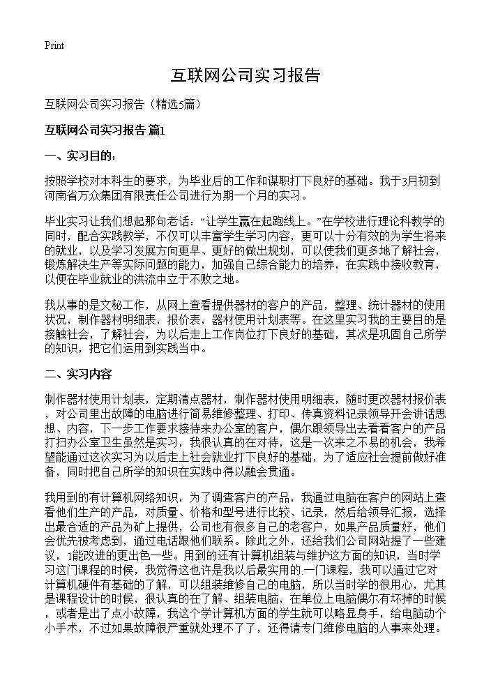 互联网公司实习报告5篇