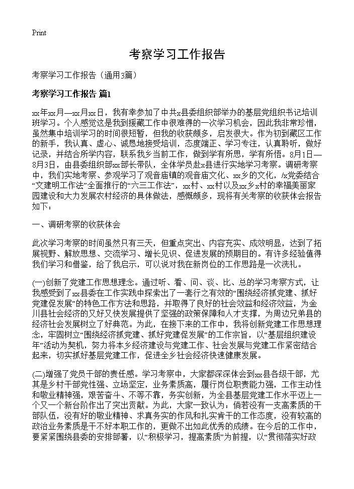 考察学习工作报告3篇