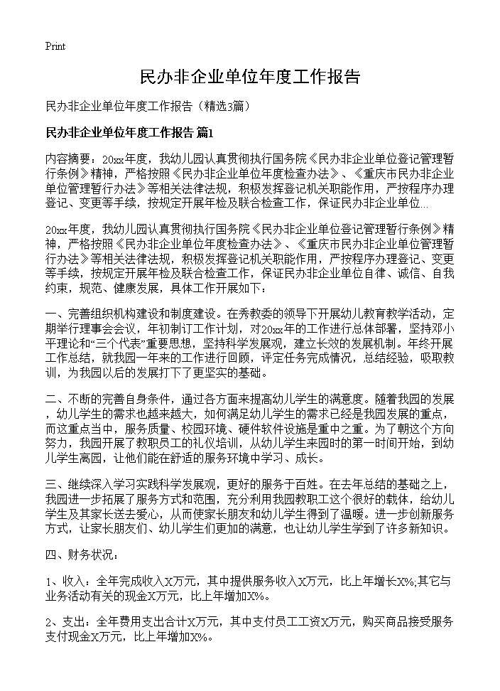 民办非企业单位年度工作报告3篇