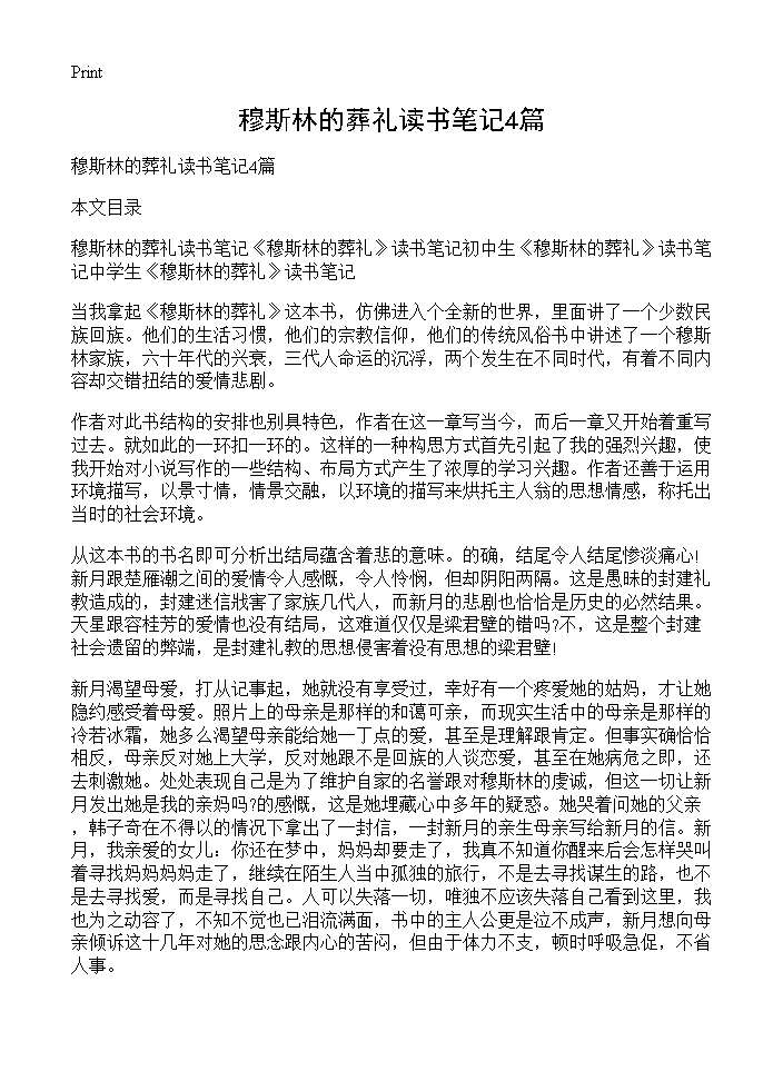 穆斯林的葬礼读书笔记4篇