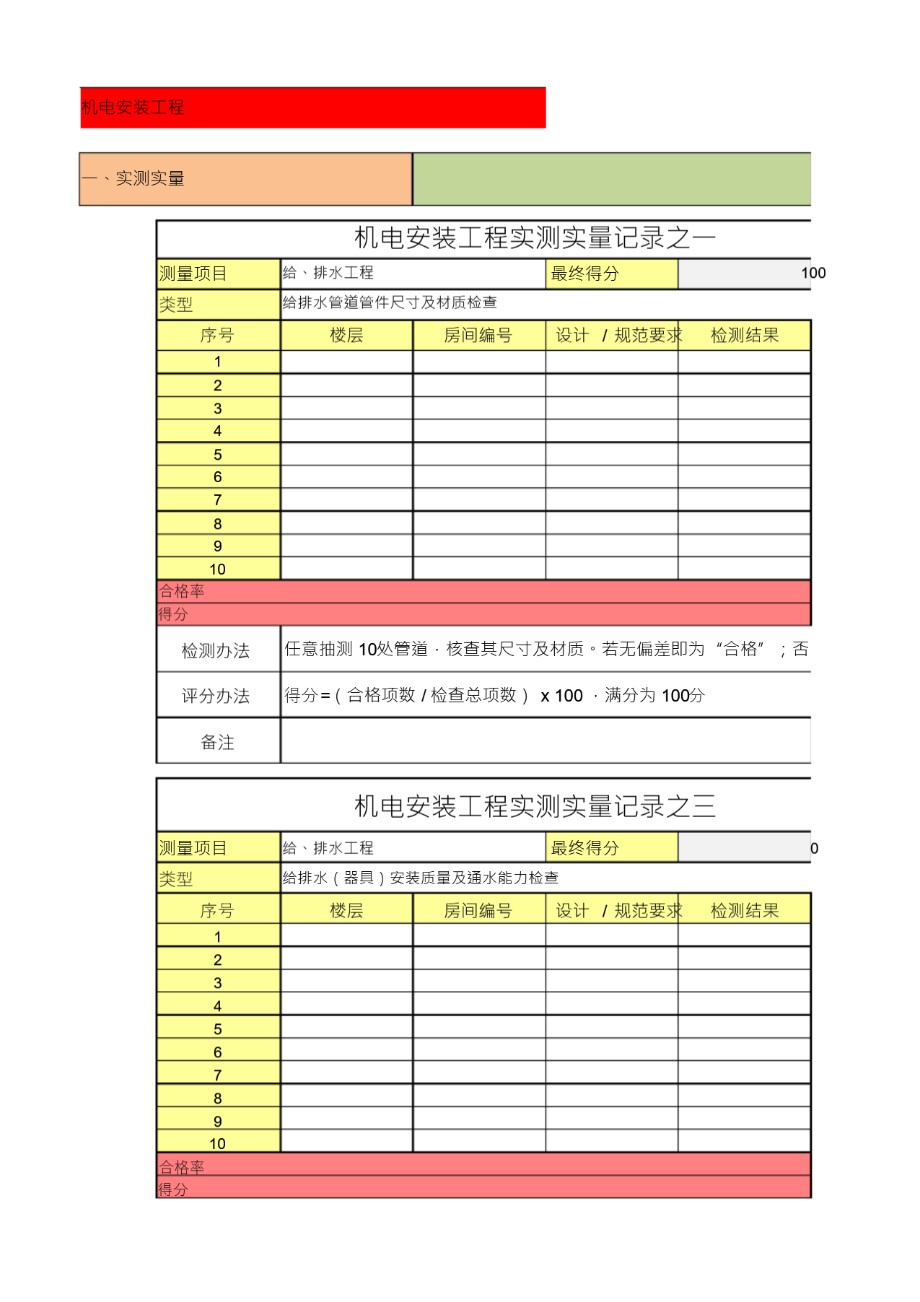 机电安装工程实测实量记录 给排水电气暖通各专业（18页）