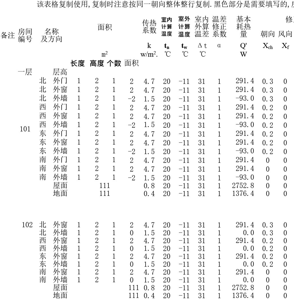 采暖热负荷计算表（小于24米）