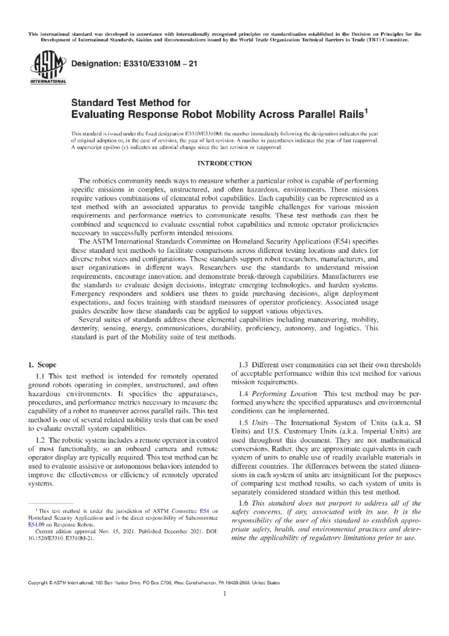 ASTM E3310 E3310M-21 评估穿过平行轨道的机器人机动性响应的标准试验方法