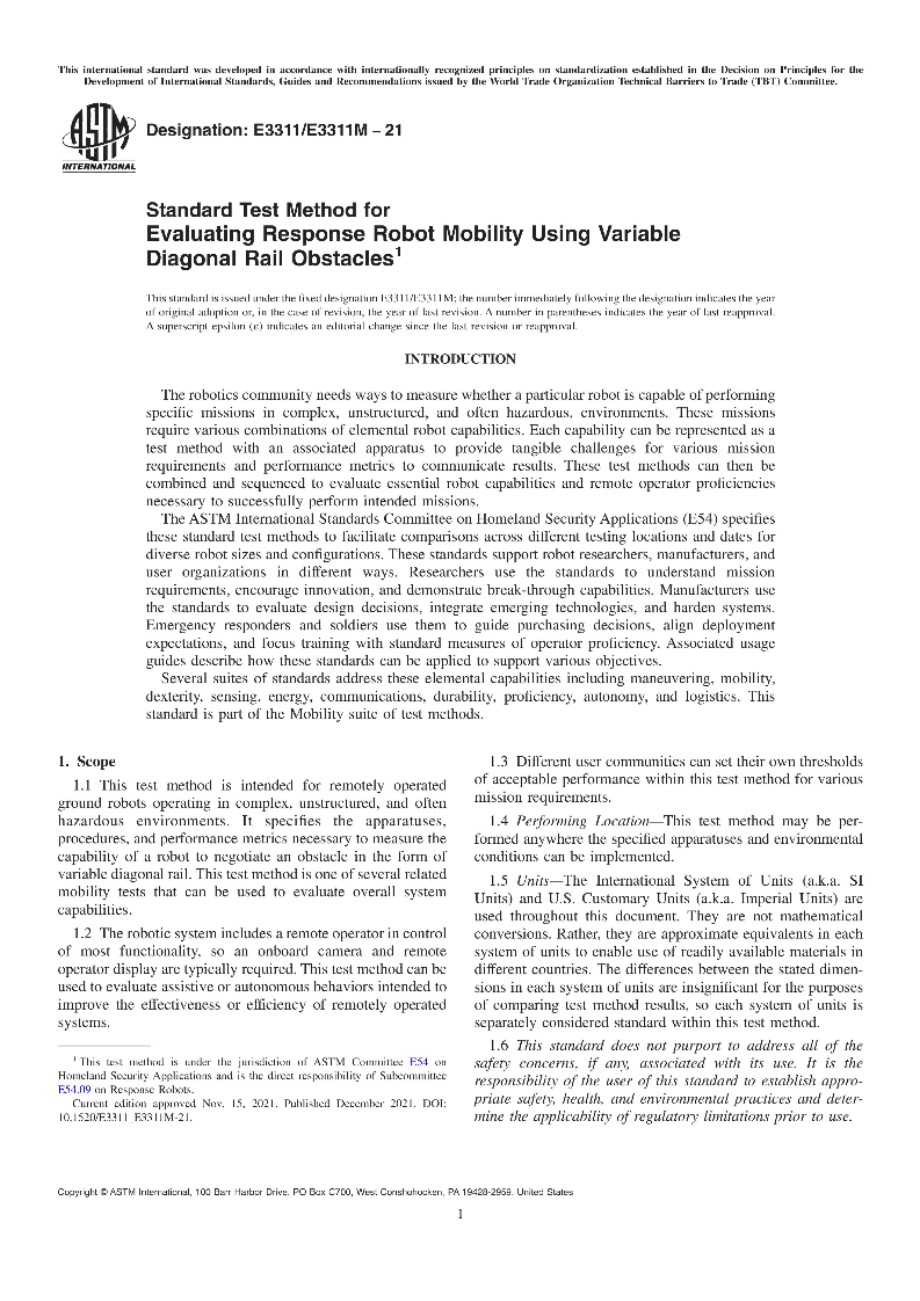 ASTM E3311 E3311M-21 使用可变对角轨道障碍物评估机器人机动性响应的标准试验方法