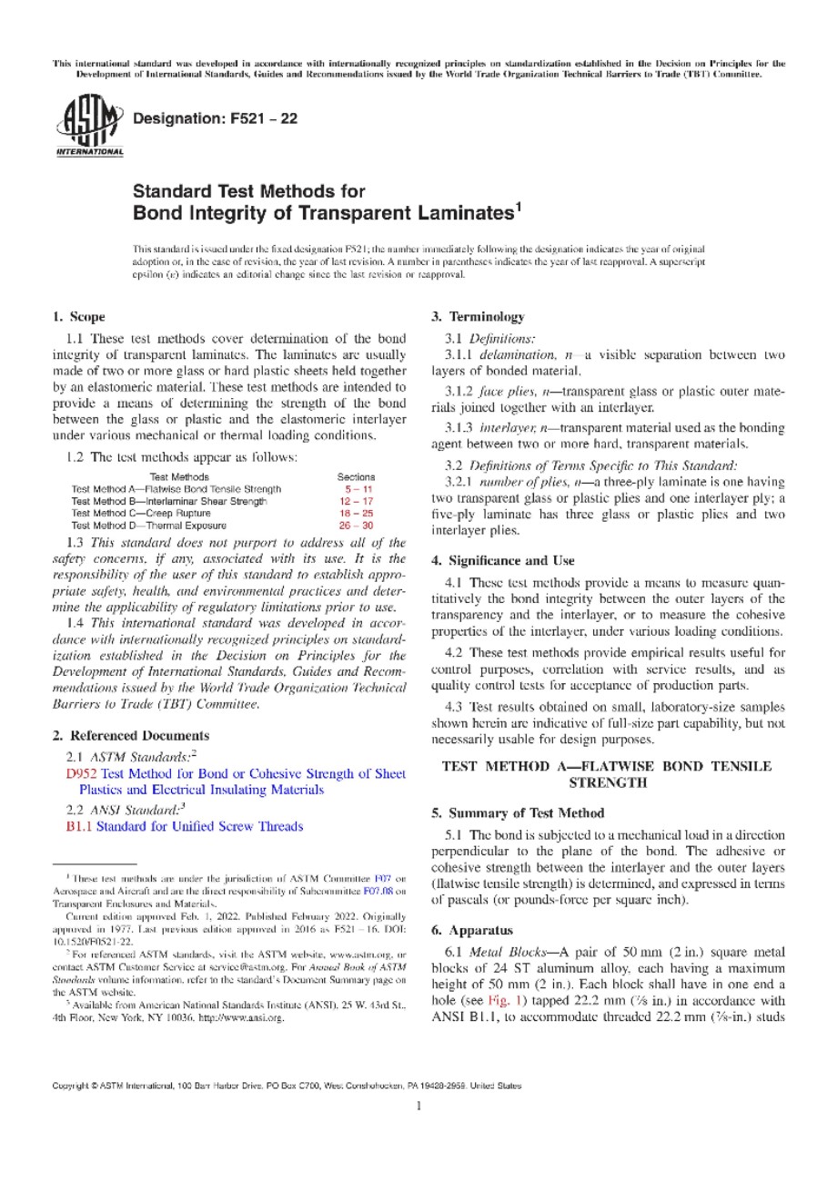 ASTM F521-22 透明层压板粘结完整性的标准试验方法