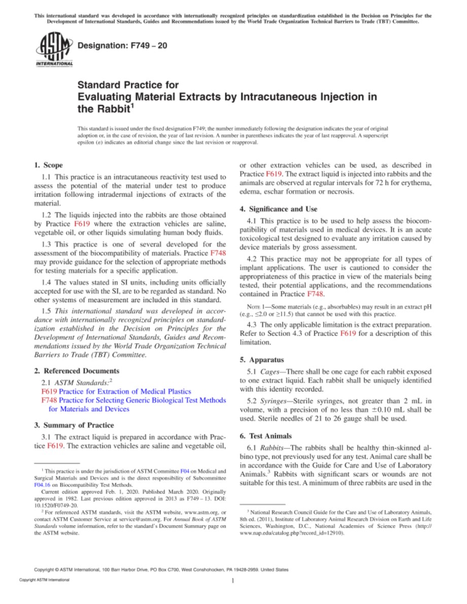 ASTM F749-20 用兔皮内注射法评价材料提取物的标准实施规程