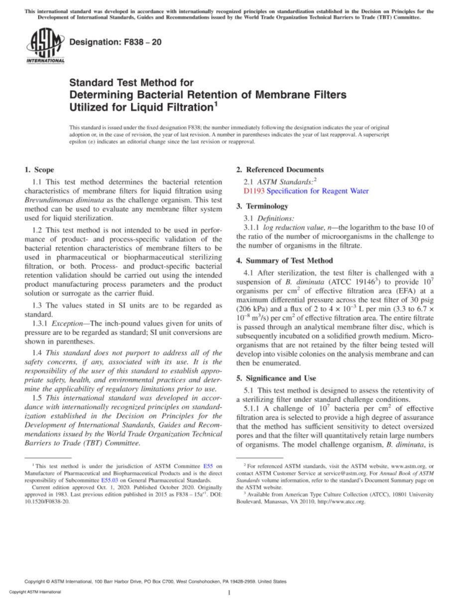 ASTM F838-20 测定液体过滤用膜过滤器的细菌保留率的标准试验方法