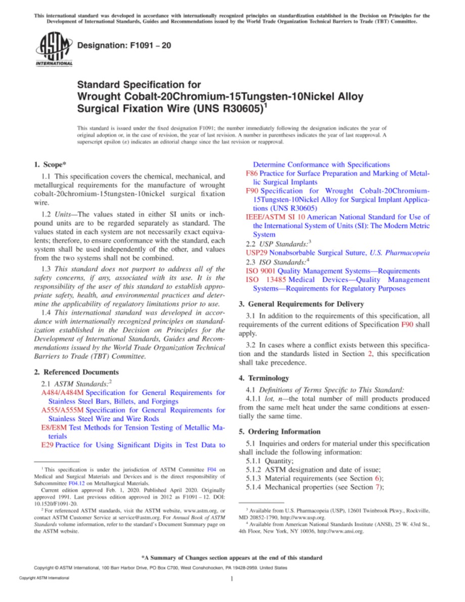 ASTM F1091-20 锻造钴-20铬-15钨-10镍合金外科固定线(UNS R30605)的标准规范