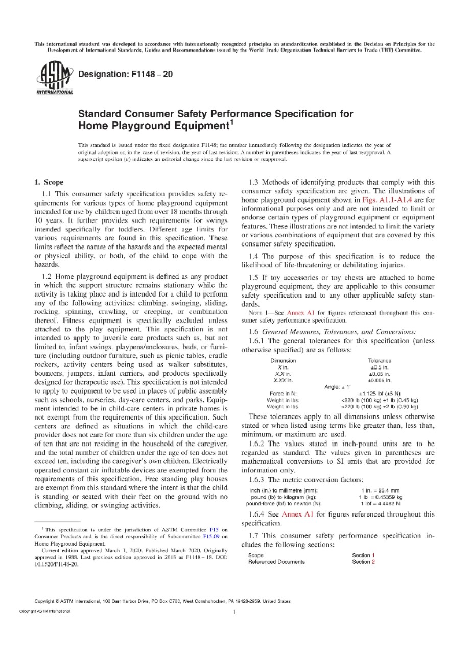 ASTM F1148-20 家用游乐场设备的消费者安全性能规范