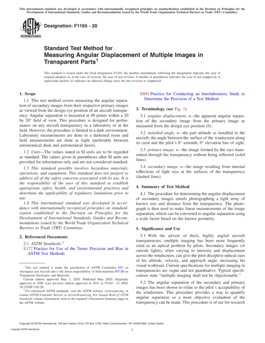 ASTM F1165-20 用于测量透明部件中多个图像的角位移的标准测试方法