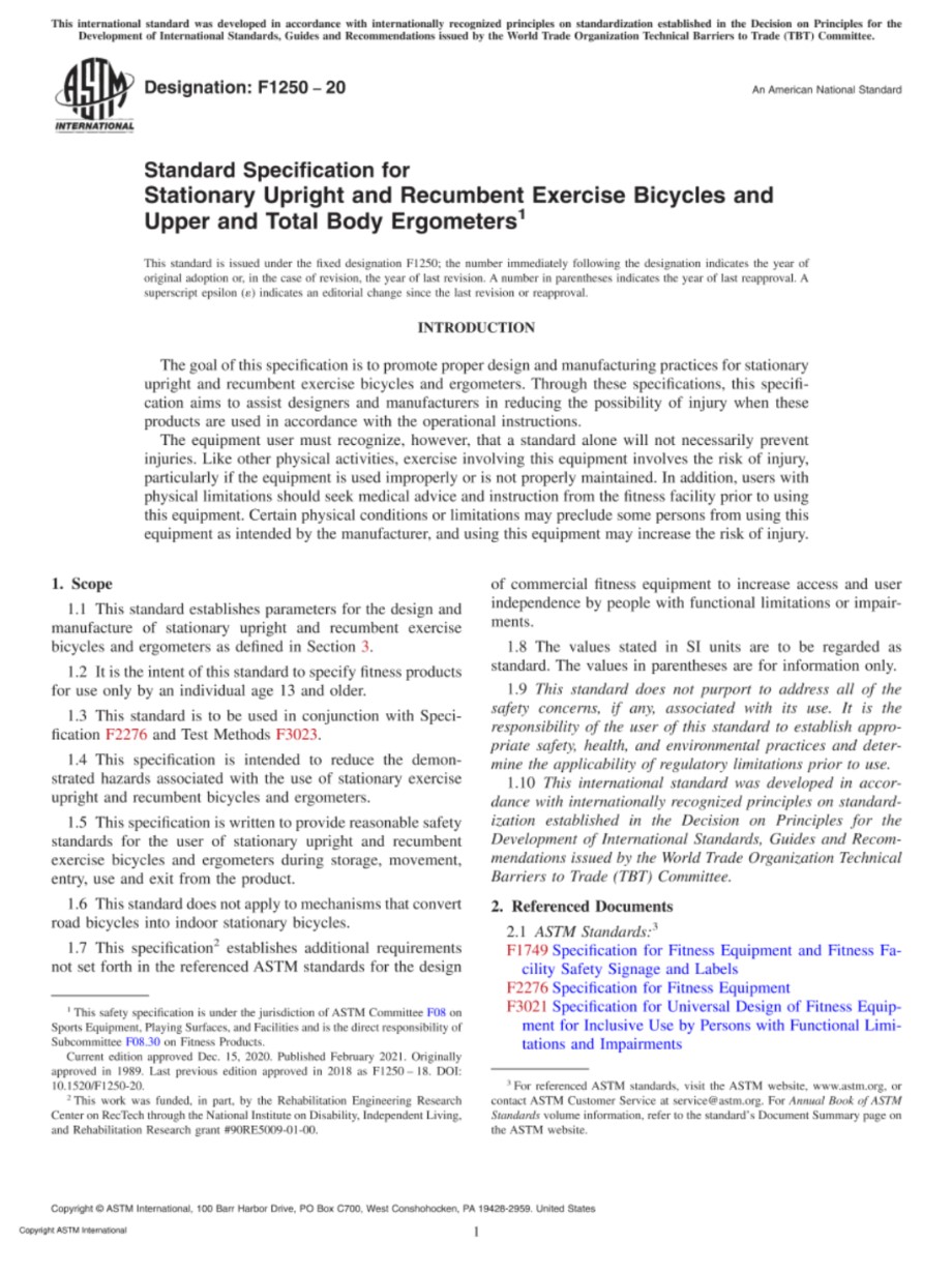 ASTM F1250-20 固定式直立和横卧运动自行车及上半身和全身测功器的标准规范