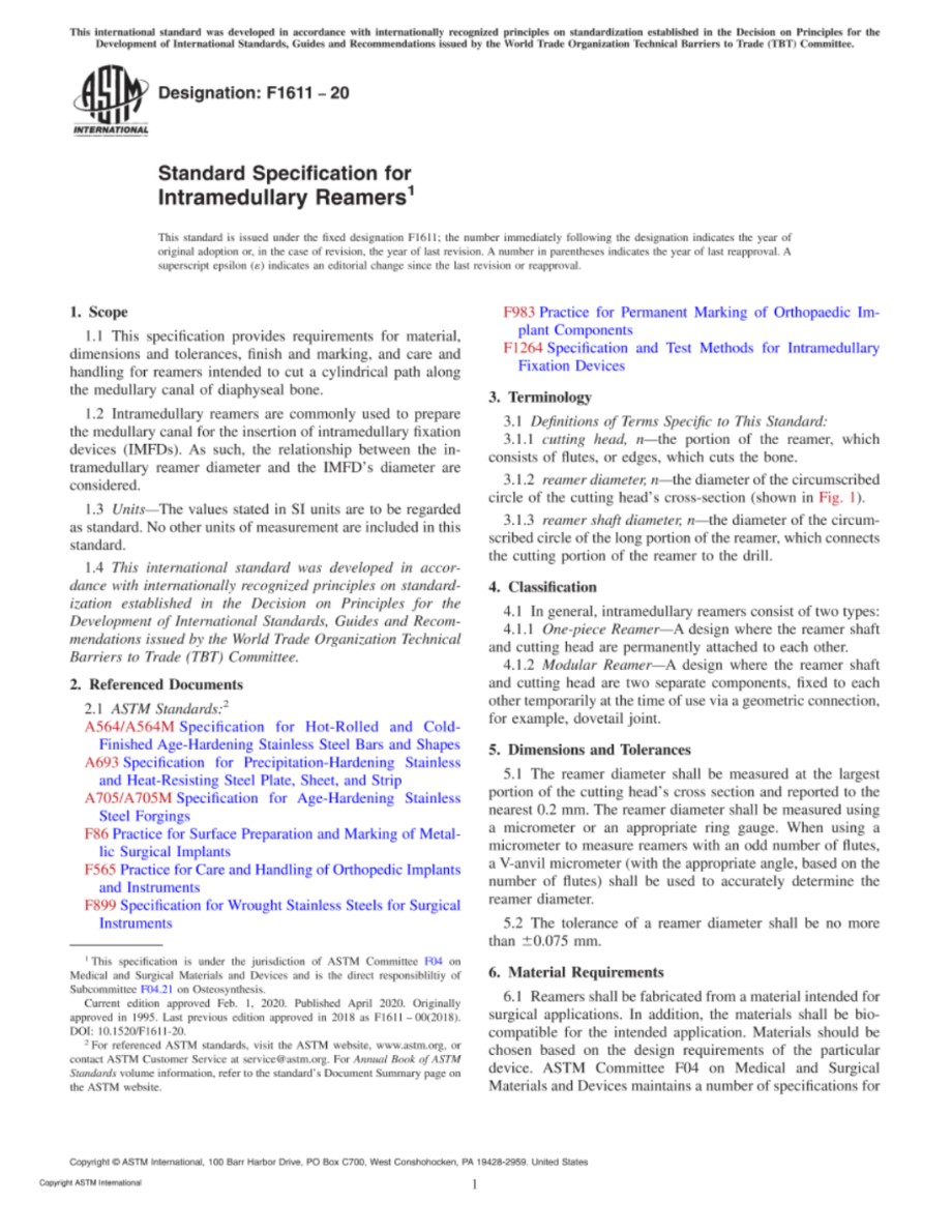 ASTM F1611-20 髓内钉的标准规格