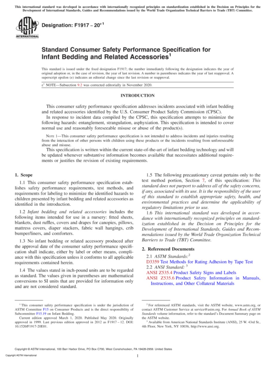 ASTM F1917-20e1 婴儿床上用品及相关配件