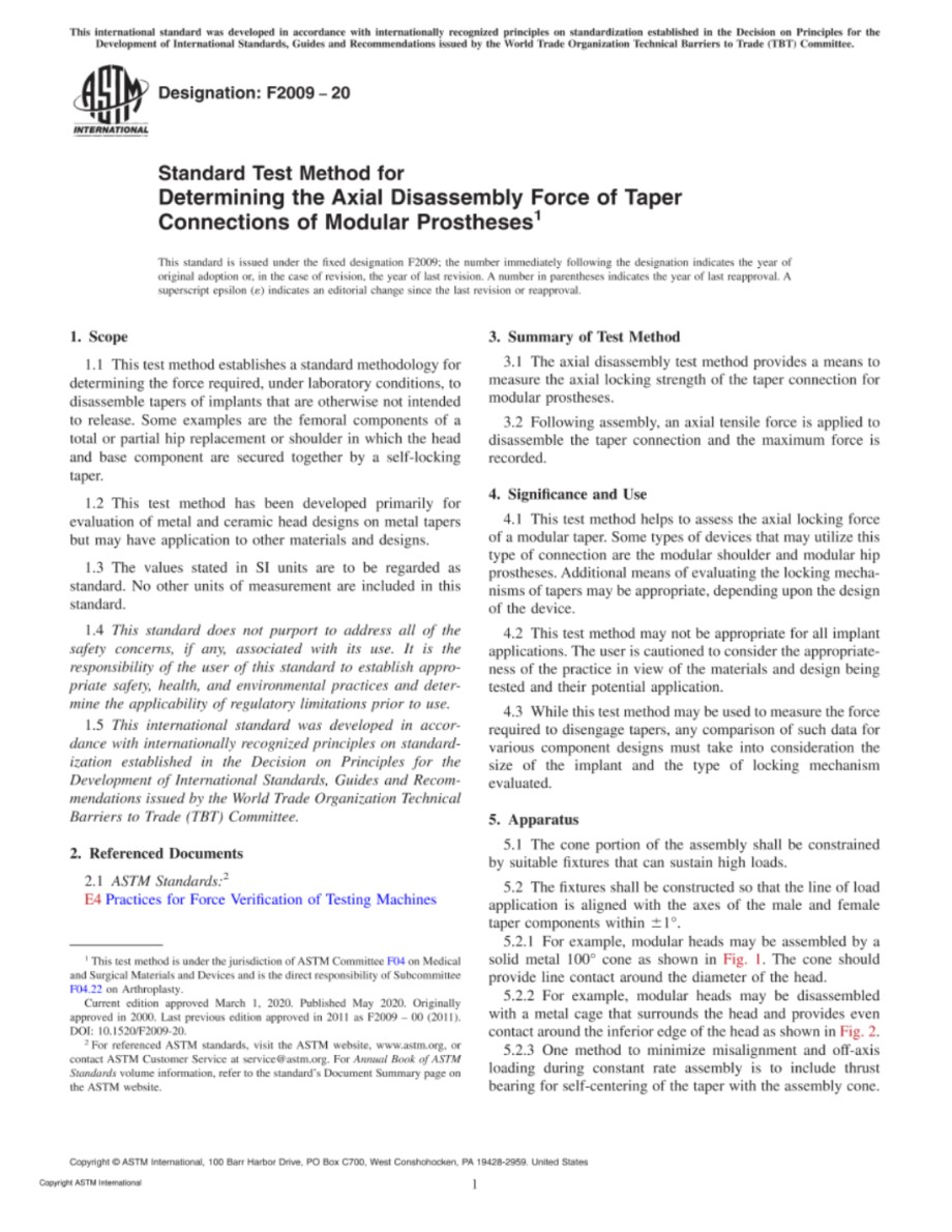 ASTM F2009-20 用于确定模块化假体的锥形连接的轴向分解力的标准测试方法