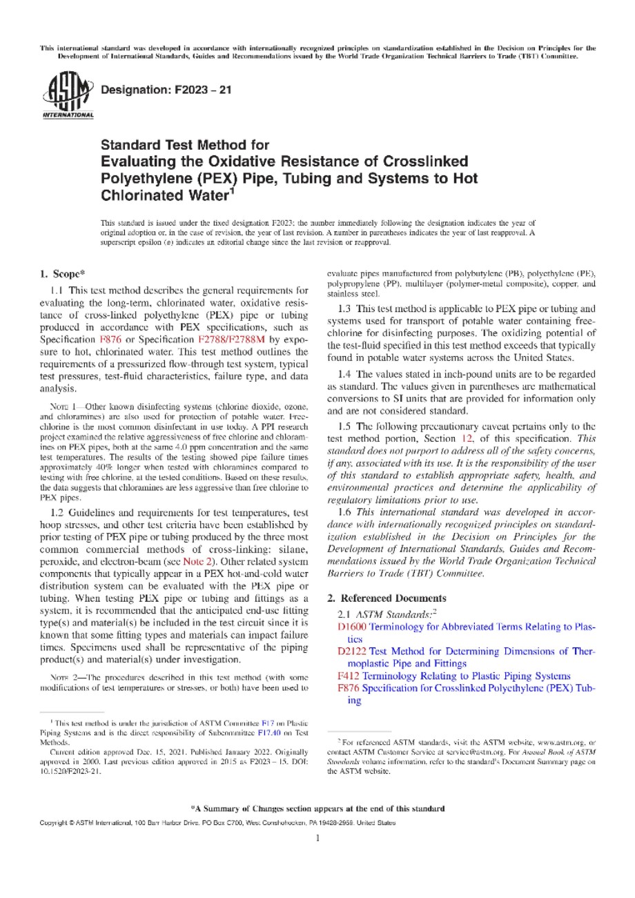 ASTM F2023-21 评价交联聚乙烯(PEX)管 管和系统对热氯化水的抗氧化性的标准试验方法