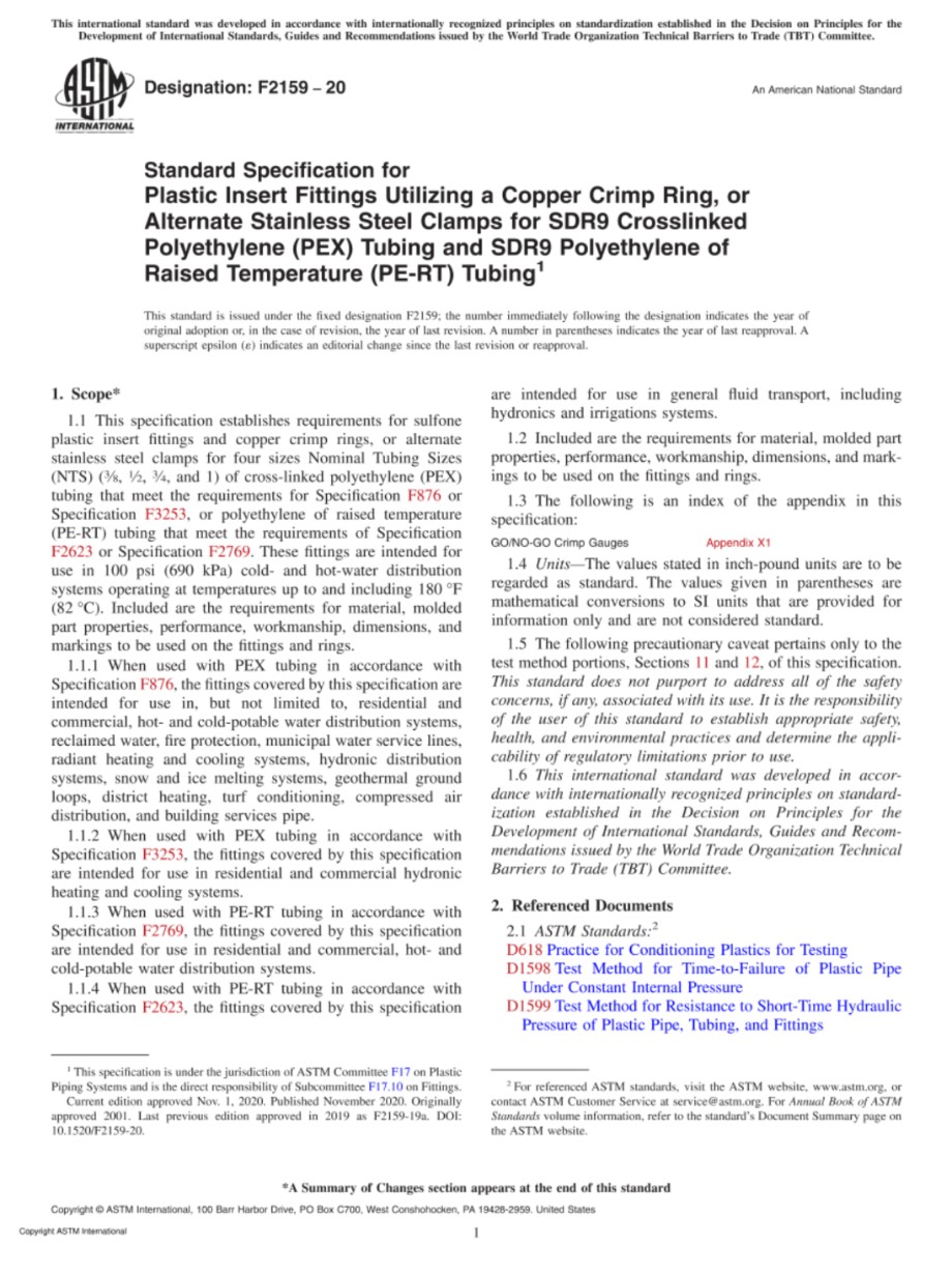 ASTM F2159-20 SDR9交联聚乙烯(PEX)管和SDR9高温聚乙烯(PE-RT)管用铜压接环或替代不锈钢夹塑料插入件的标准规范