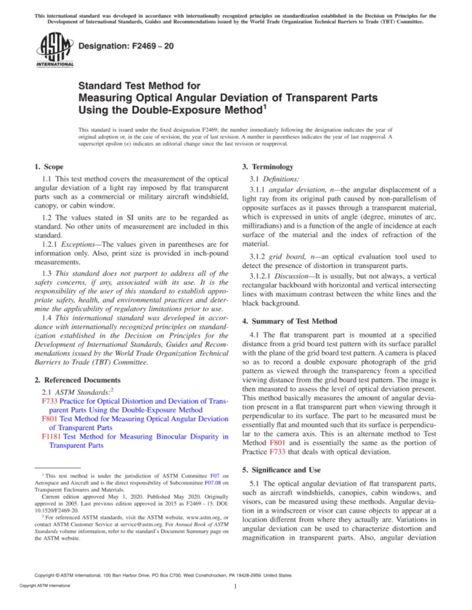 ASTM F2469-20 使用双重曝光法测量透明部件的光学角度偏差的标准测试方法