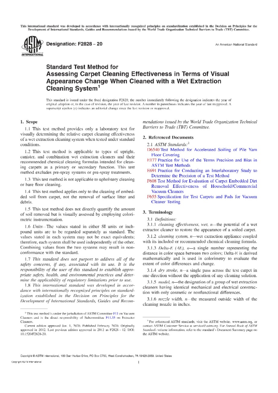 ASTM F2828-2020 用湿式萃取清洗系统清洗时根据外观变化评估地毯清洁效果的标准试验方法