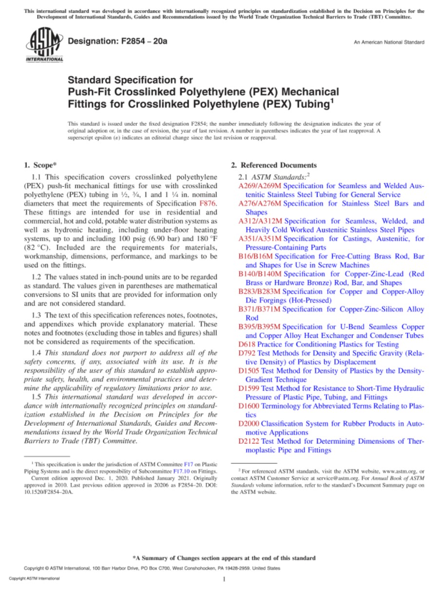 ASTM F2854-20a 用于交联聚乙烯(PEX)管道的推入式交联聚乙烯(PEX)机械配件的标准规格