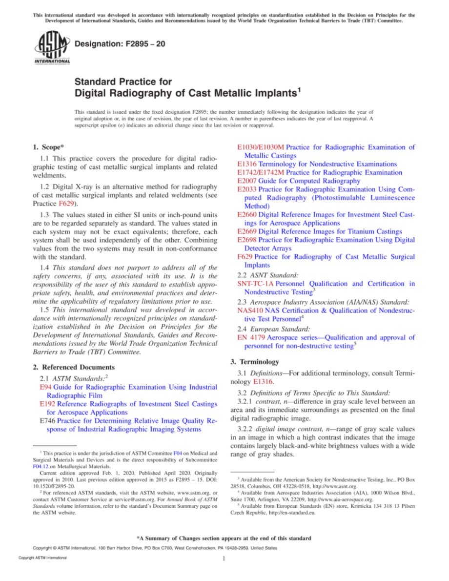 ASTM F2895-20 铸造金属植入物数字射线照相术的标准实践