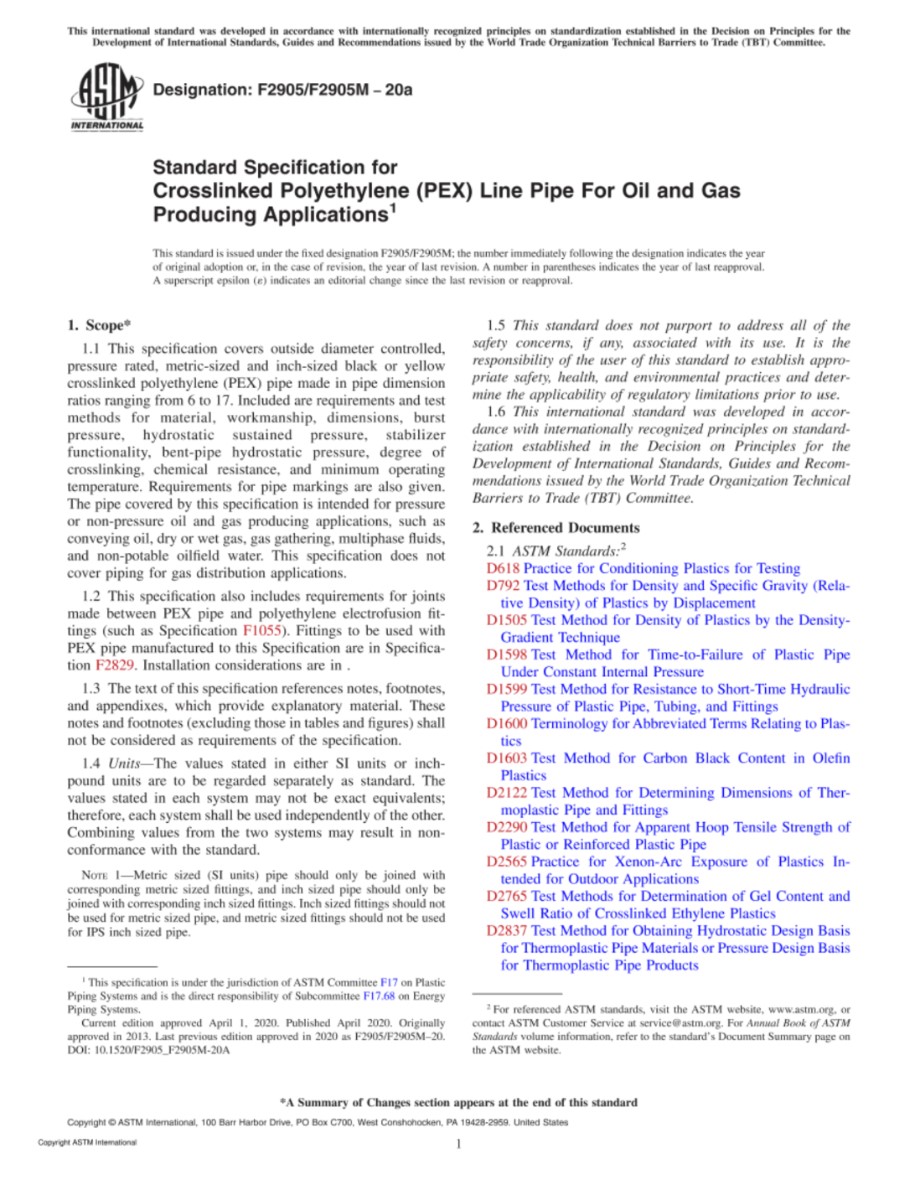 ASTM F2905 F2905M-20a 石油和天然气生产用交联聚乙烯(PEX)管线管的标准规范