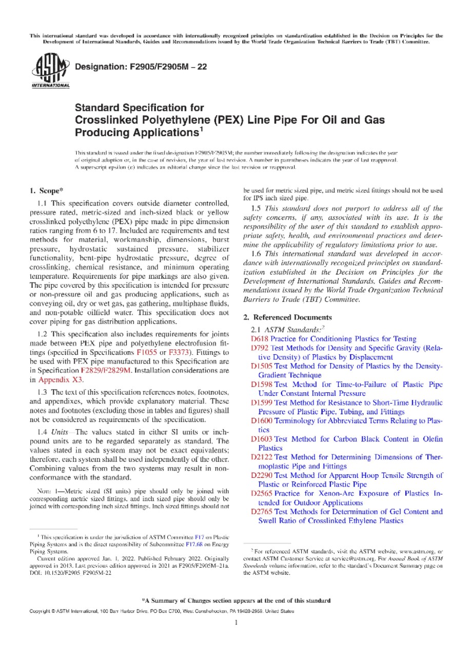ASTM F2905 F2905M-22 石油和天然气生产用交联聚乙烯(PEX)管线管标准规范