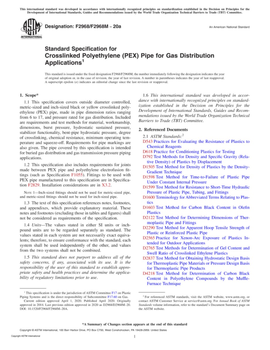 ASTM F2968 F2968M-20a 气体分配用交联聚乙烯(PEX)管的标准规范
