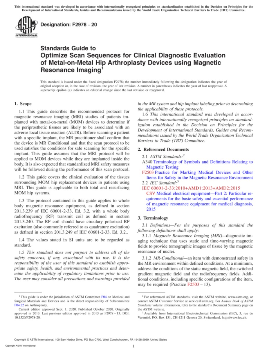 ASTM F2978-20 用磁共振成像优化金属对金属髋关节置换装置临床诊断评估扫描顺序的标准指南