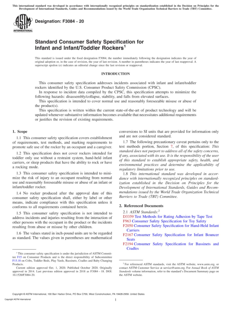 ASTM F3084-20 婴儿幼儿摇摆器的标准消费者安全规范