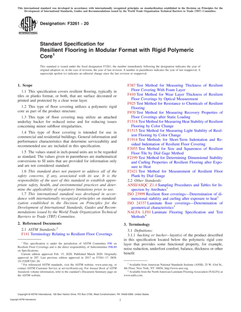 ASTM F3261-20 刚性聚合芯模块式弹性地板的标准规范