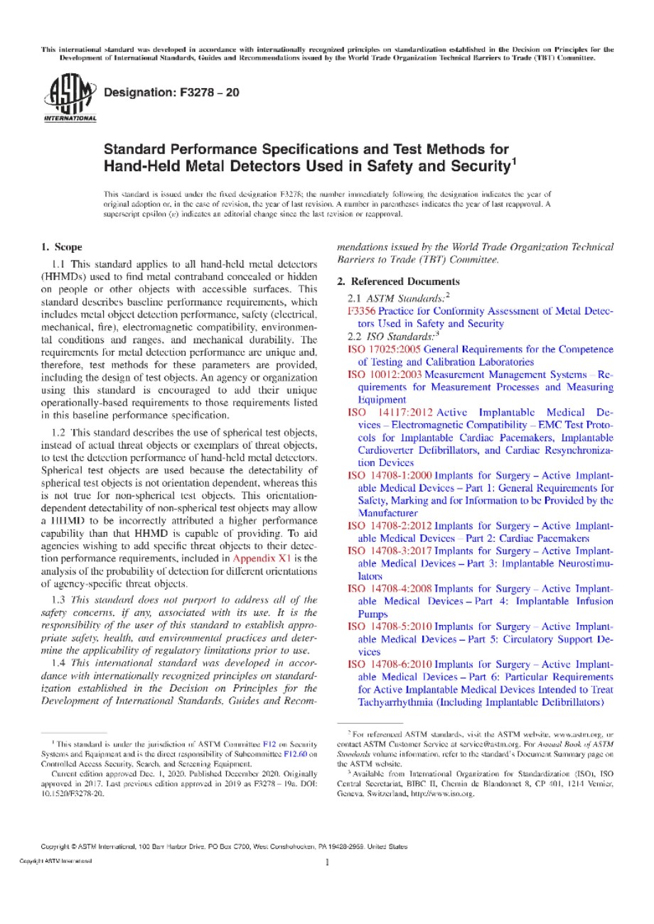 ASTM F3278-20 安全和安保用手持金属探测器的标准性能规范和试验方法