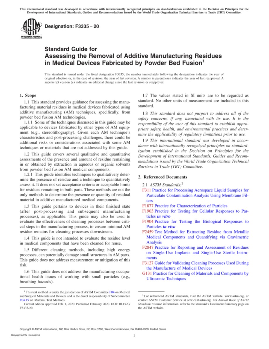 ASTM F3335-20 用粉末床熔合法制造的医疗器械中添加剂制造残留物的去除评定的标准指南