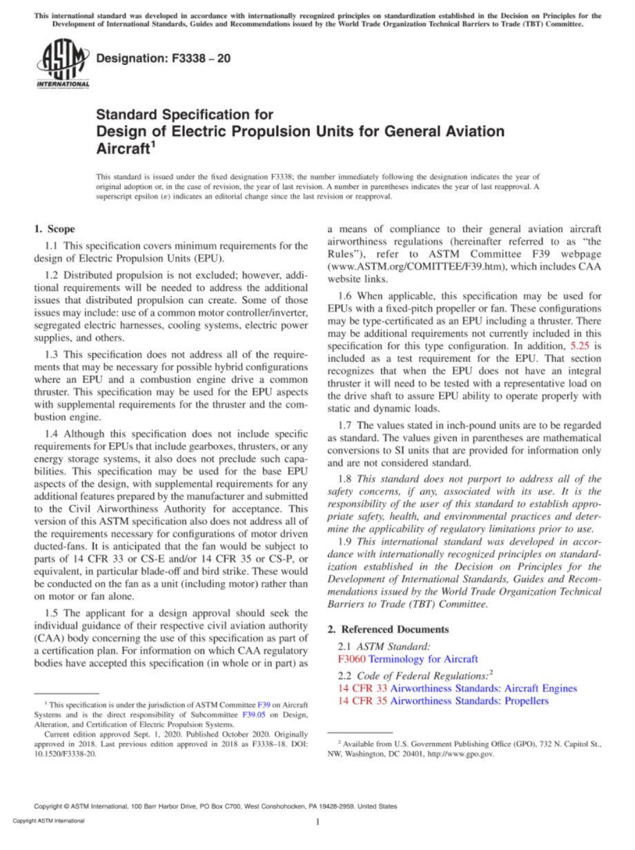 ASTM F3338-20 通用航空飞机电力推进装置设计标准规范