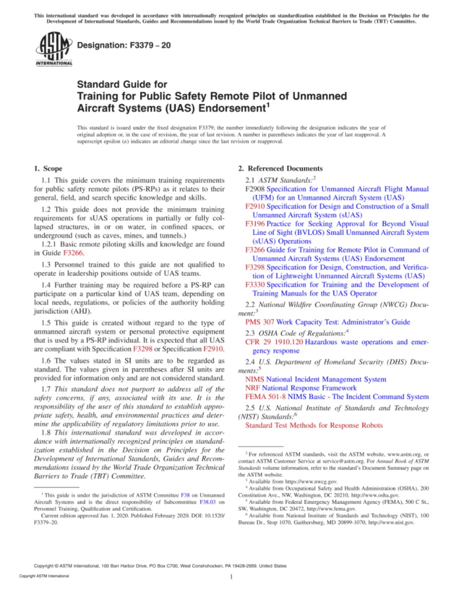 ASTM F3379-20 无人机系统(UAS)认可的公共安全远程飞行员培训的标准指南