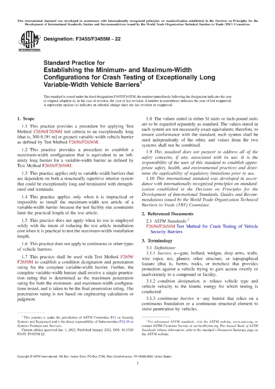 ASTM F3455 F3455M-22 确定超长可变宽度车辆护栏碰撞试验最小和最大宽度配置的标准实施规程