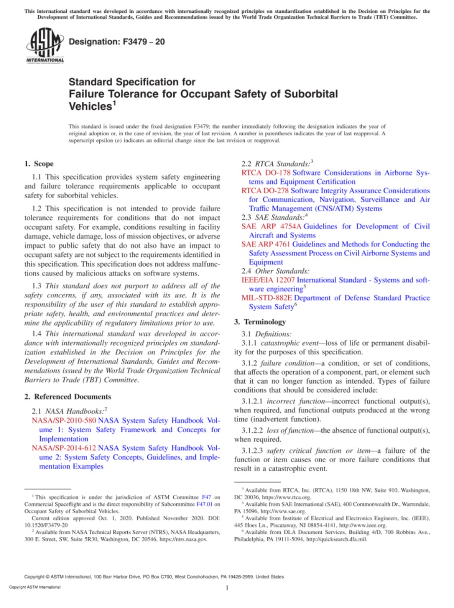 ASTM F3479-20 亚轨道车辆乘员安全故障容限的标准规范