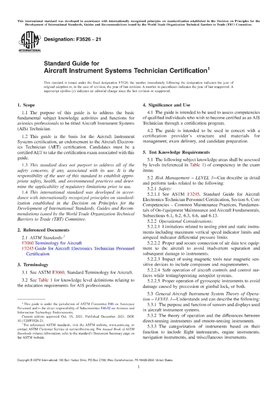 ASTM F3526-21 飞机仪表系统技术人员认证的标准指南
