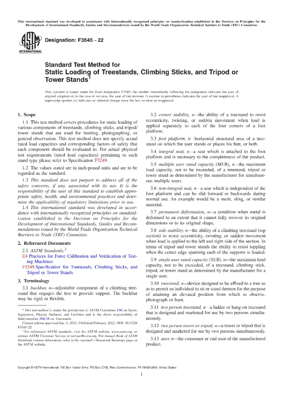 ASTM F3545-22 树桩 攀爬杆和三脚架或塔架静载荷的标准试验方法
