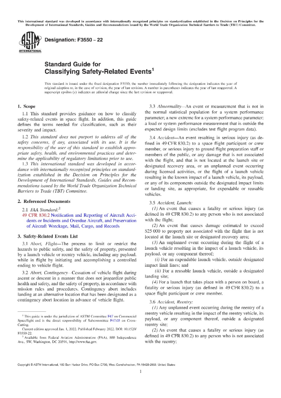 ASTM F3550-22 安全相关事件分类的标准指南