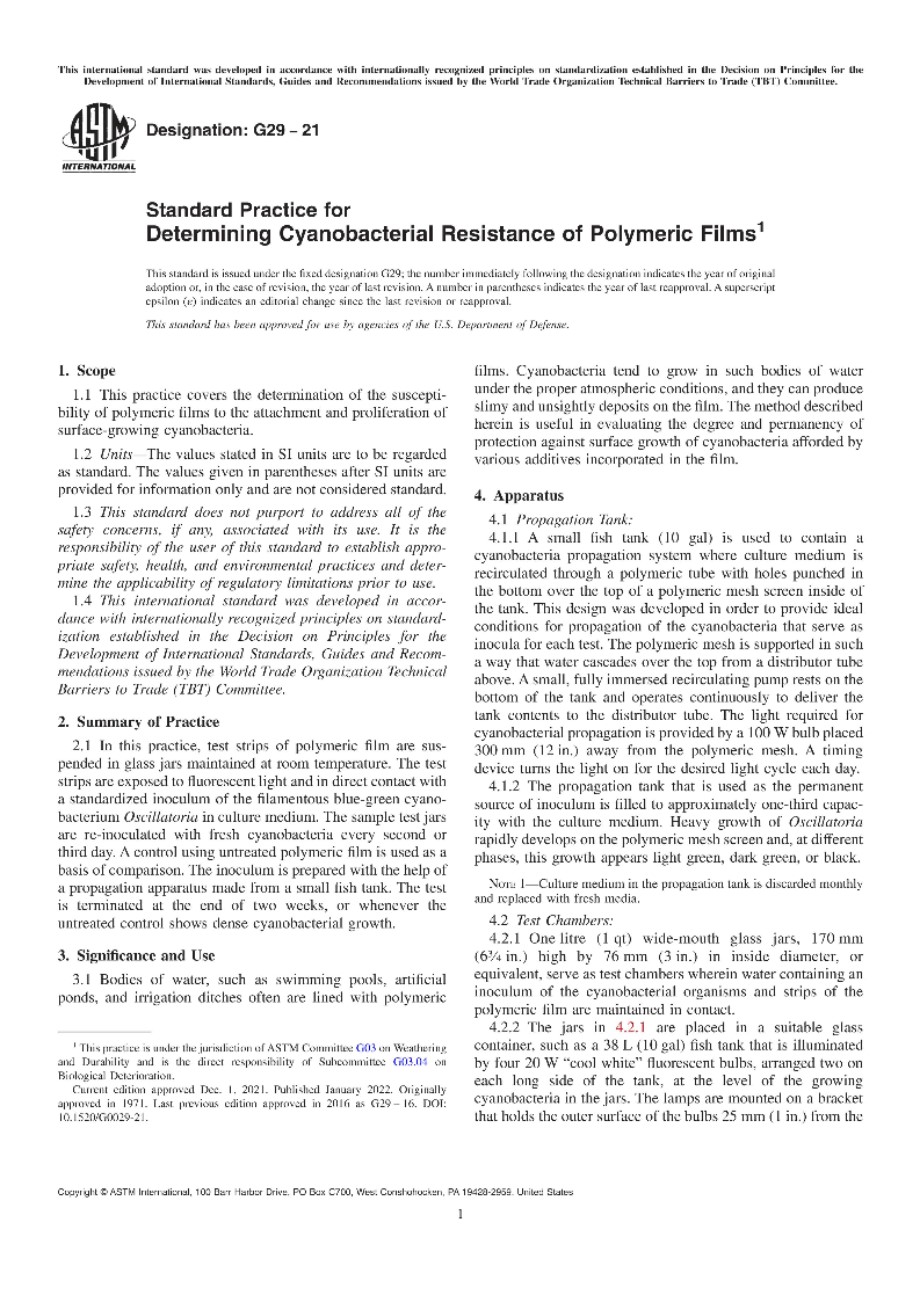 ASTM G29-21 测定聚合物薄膜耐蓝藻性的标准实施规程