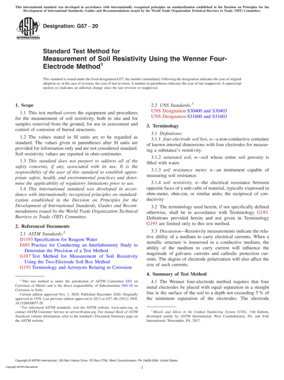 ASTM G57-20 用温纳四电极法测量土壤电阻率的标准试验方法
